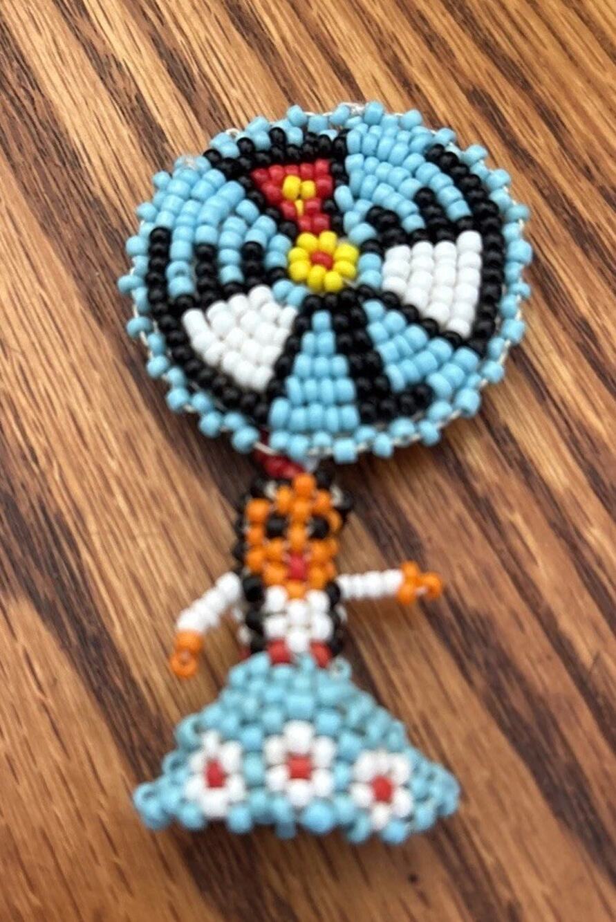 VTG Handmade Native American Navajo Indian Seed Bead Shield And Lady Pendant